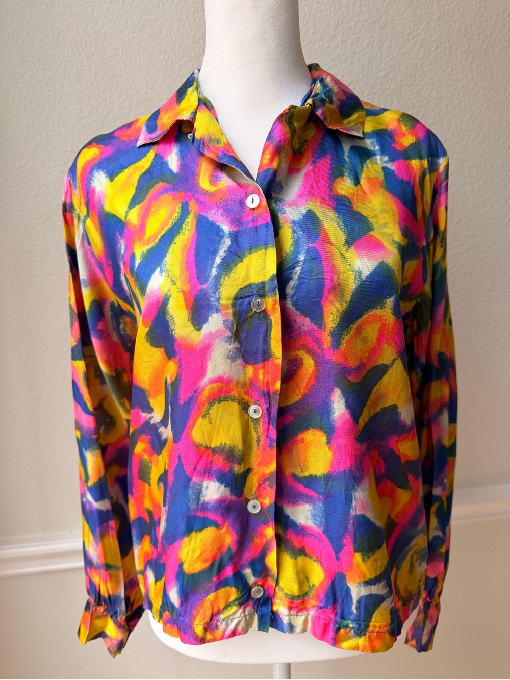 Vintage 80s Em See Colorful Abstract Print‎ Long Sleeve Button Up Blouse S